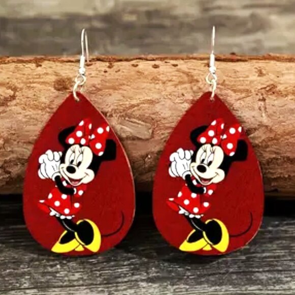 Minnie Mouse Wood Earrings Mickey Dangle Teardrop Disney Vacation Polka Dots - Picture 1 of 1